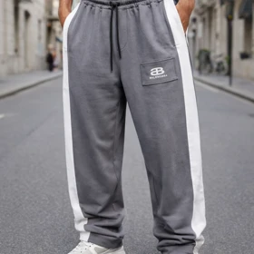 شلوار جاگر بگ طوسی نوار سفید بلن کد 2 مستر کوالیتی استوپر دار پارچه گلکسی پنبه کیفیت پرمیوم قد 110 سانت