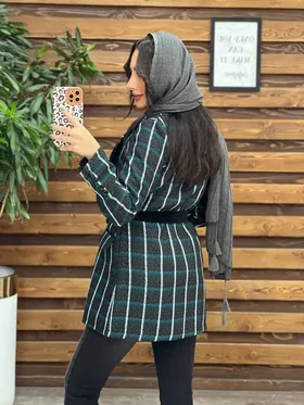 مانتو پاییزه چهارخانه کمردار