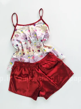 ست لباس خواب تاپ و شورتک ساتن طرح اسب شاخ دار و بستنی