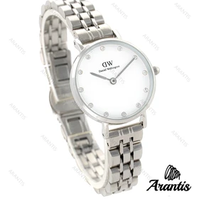 ساعت DW زنانه مینی گرد سیلور سفید ایندکس نگین w-1676
