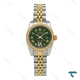 ساعت رولکس زنانه دورنگ طلایی صفحه سبز ایندکس یونانی دورنگین اسمال Rolex-7286-L