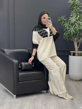 ست مانتو شلوار دو رنگ یقه هفت