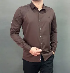 پیراهن ساتن آستین بلند رنگ قهوه ای