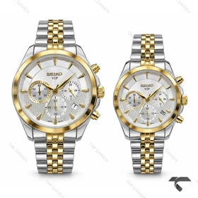 ساعت سیکو ست سه موتوره کرنوگراف دورنگ طلایی صفحه سیلور Seiko-11447-S