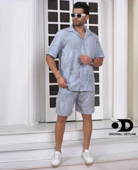 ست روهمی پیراهن انگلیسی با شلوارک آبی مازراتی مردانه پارچه کراش