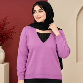 بلوز بافت وارداتی یقه هفت گیپور دار کد 6083 (یاسی)