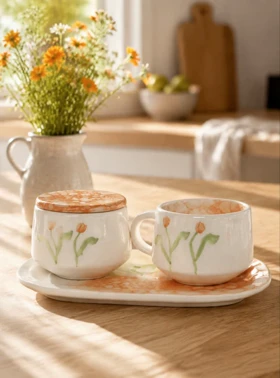 چای خوری سرامیک تک نفره آبرنگی گلی