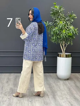ست مانتو و شلوار طرح دار آستین پاکتی
