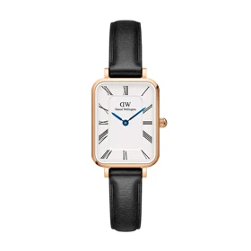 ساعت DW زنانه مستطیلی بند چرمی رزگلد سفید ایندکس یونانی DW-5524-L
