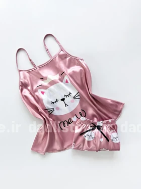 ست لباس خواب تاپ و شورتک ساتن طرح گربه