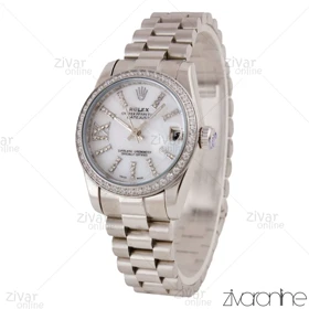ساعت رولکس دیت جاست زنانه نقره ای صفحه سفید دور نگین مدیوم 105699