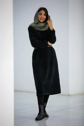 پالتو بلند کفتان زنانه یقه گرد بیسکوییتی