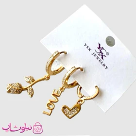 گوشواره سه تایی زنانه YSX مدل گل و Love طلایی رنگ کد 2791