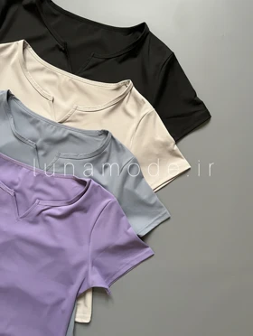 تیشرت زنانه یقه هفت بغل چین‌دار