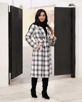 پالتو مدل چهارخونه بلند کمربند دار کد 2346