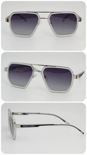 عینک آفتابی مردانه و زنانه امپریو آرمانی Emporio Armani T0942 پلاریزه و ضد اشعه UV400 ایتالیایی (فریم نقره ای سفید عدسی های دودی سایه روشن)