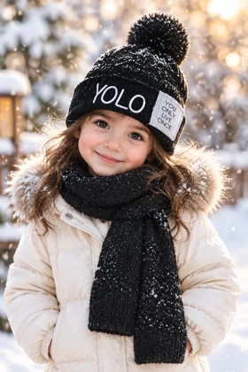 ست کلاه و شال گردن بافت بچگانه مدل YOLO - رنگ مشکی (داخل مخمل)