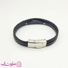دستبند مردانه چرم و استیل مدل لویی ویتون مشکی نقره ای