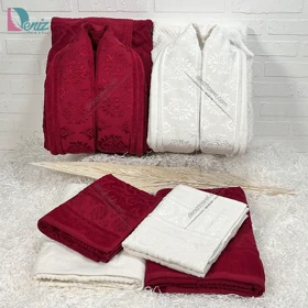 حوله ست دو نفره ژاکارد رنگ شیری و زرشکی