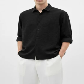 پیراهن مردانه ساده، مشکی پارچه شانتون، آزاد استایل روزمره کد 1001