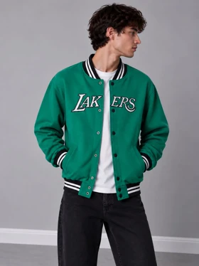 پلیور بامبر جکت دورس سه نخ / چاپ گلدوزی شده lakers / رنگ سبز پر رنگ