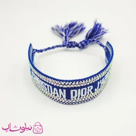 دستبند دخترانه پارچه ای کریستین دیور نگین‌دار سرمه ای سفید