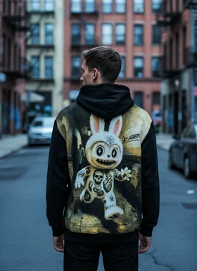 هودی مردانه مشکی طرح وایرال عروسک لبوبو دورس سه نخ گرماژ بالا نخ پنبه اعلا و سنگین