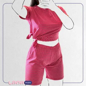 ست کراپ شرتک پنبه سوپر لاکرا گره‌ای رنگ سرخابی راه راه
