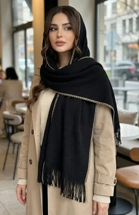 شال بافت ساده مشکی دوردوزی شده - لطیف و گرم مناسب روزهای سرد زمستانی