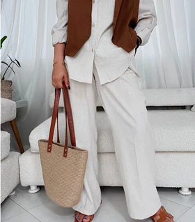 ست ژیله و شلوار لینن زنانه کرم کد 026