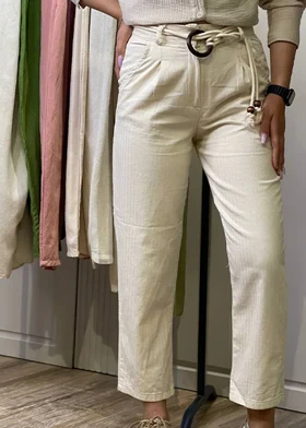 شلوار لینن مام فیت کرم