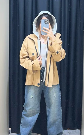 بارانی زنانه ترکیبی کلاه دورس مدل مموری قد 70