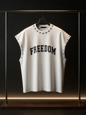 وست سفید FREEDOM با پرچ فلزی سرشانه و دور سینه خفن پنبه دو نخ