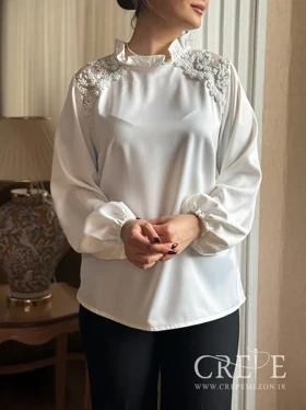 شومیز ساتن سرشانه تور سنگدوزی