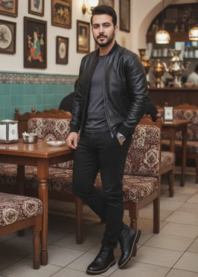 پکیج کاپشن چرم مردانه مدل Artim + نیم بوت cat مردانه مدلRivari