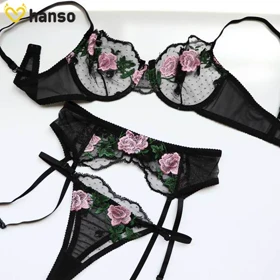 ست بند جوراب و شورت و سوتین توری ژینا Jina فنردار مشکی طرح B