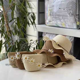 کلاه و کیف حصیری دخترانه طرح بابونه