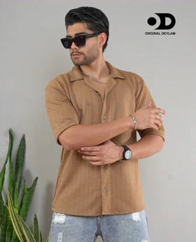 پیراهن لش یقه انگلیسی قهوه ای مردانه استایل اولد مانی