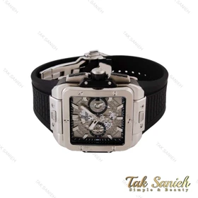 ساعت هابلوت مردانه مربعی قاب سیلور بند مشکی پشت شیشه ای Hublot-4995-G