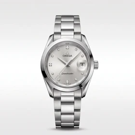 ساعت مچی زنانه امگا SPEEDMASTER مدل OMEGA-2362 بند استیل نقره‌ای صفحه سفید صدفی نگین‌دار