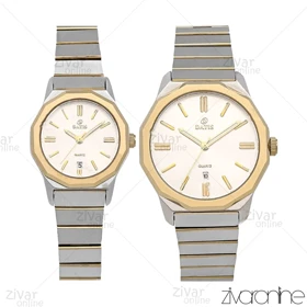 ست ساعت داتیس سه موتوره طلایی نقره ای صفحه سیلور ایندکس خطی 106922