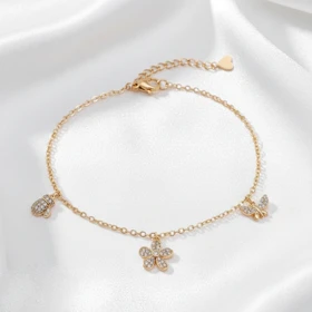 پابند ژوپینگ آویز پروانه و گل نگین‌دار طلایی