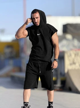 ست هودی و شلوارک مخمل NIKE مشکی