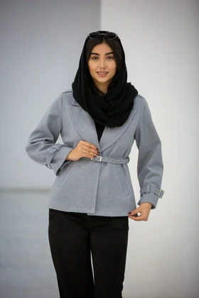 پالتو زنانه لامر تک دکمه کمر پرچ (طوسی)