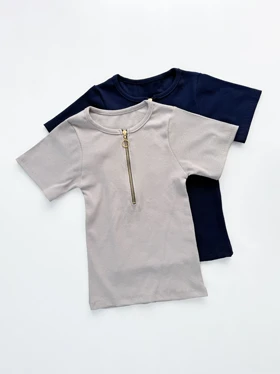 کراپ تاپ کبریتی آستین نصفه یقه گرد نیم زیپ