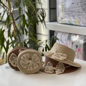 ست کلاه و کیف حصیری پاپیونی مرواریدی