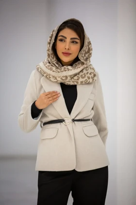 کت موهر جیب نما کمربند گره‌ای (کرم استخوانی)