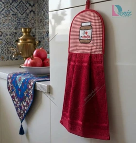 آویز حوله ای آشپزخانه طرح نوتلا رنگ زرشکی