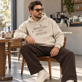 هودی مردانه اورسایز باکسی طرح Modern Fashion کرم پرسیسکا