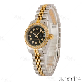 ساعت رولکس دیت جاست زنانه دورنگ طلایی دور نگین صفحه مشکی 105403